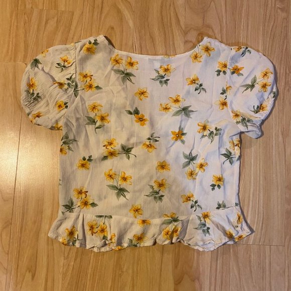 American Eagle Sunflower Yellow Flowers Ruched Crop Top Blouse Size Small - Picture 5 of 5